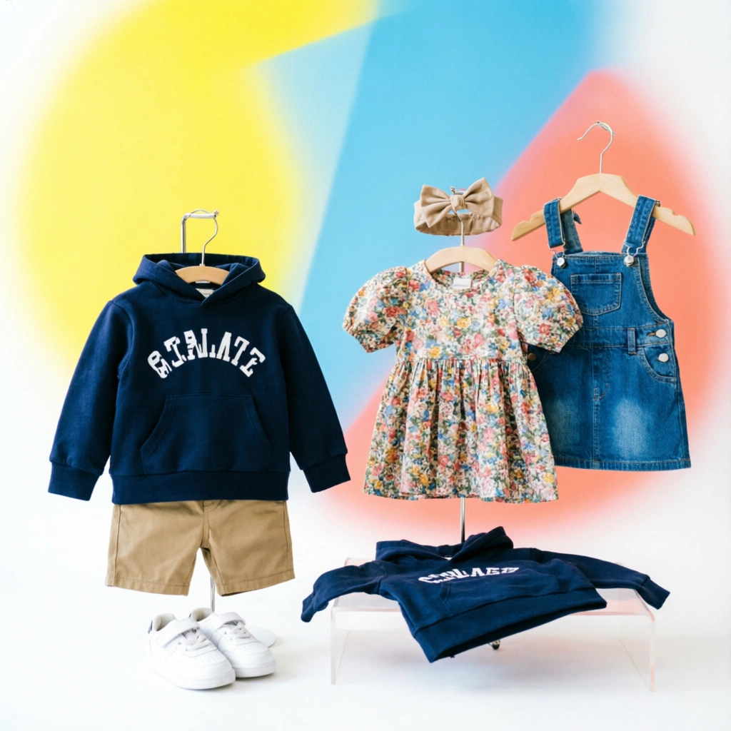 Trendy kids outfits for boys and girls collection display